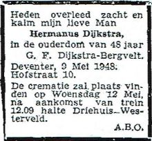1948 Overlijden Hermanus Dijkstra [1900 - 1948]